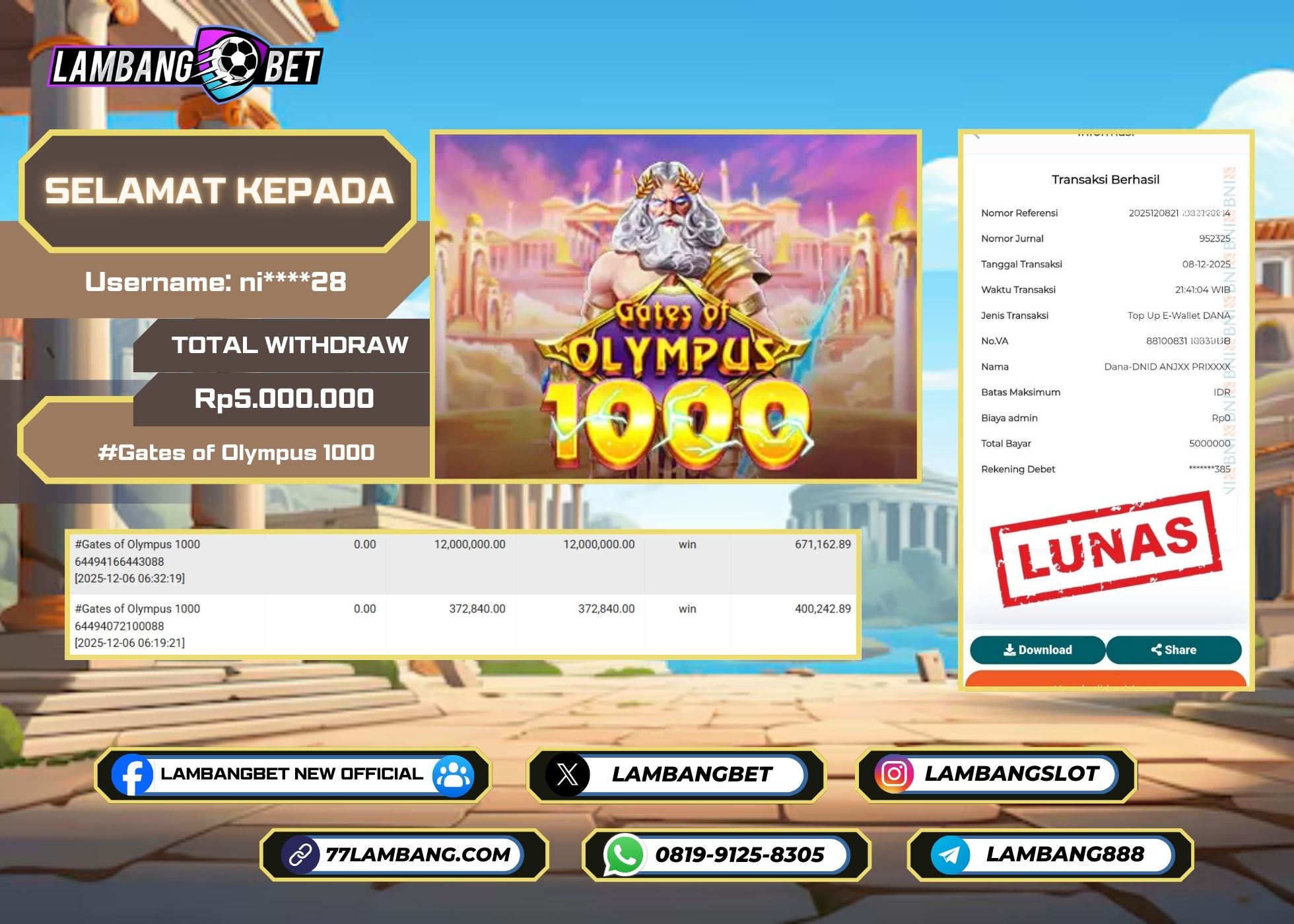 LAMBANGBET [8 DESEMBER 2025] JACKPOT SLOT Gates of Olympus 1000 "Rp5.000.000" LUNAS
